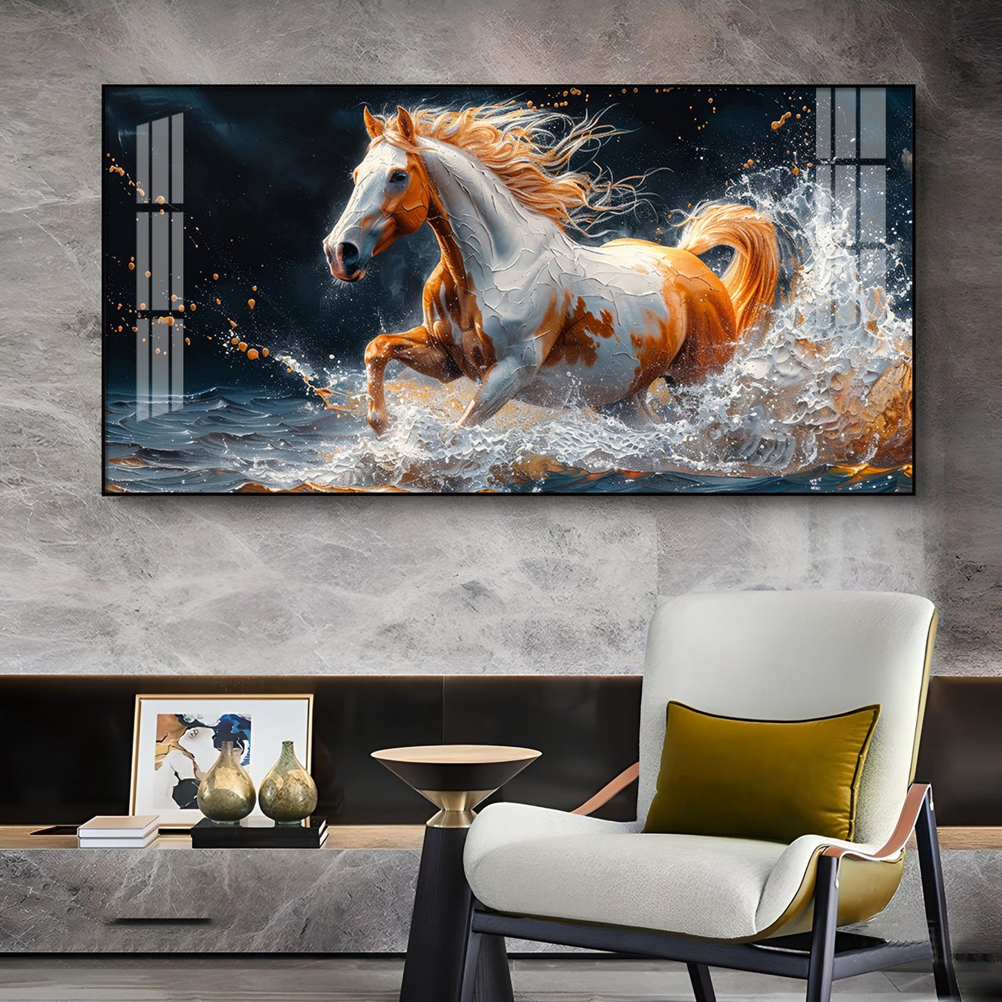 One Horse Running Glass Finish Horizontal Wall Art