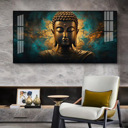 Lord Buddha Golden Glass Finish Horizontal Wall Art