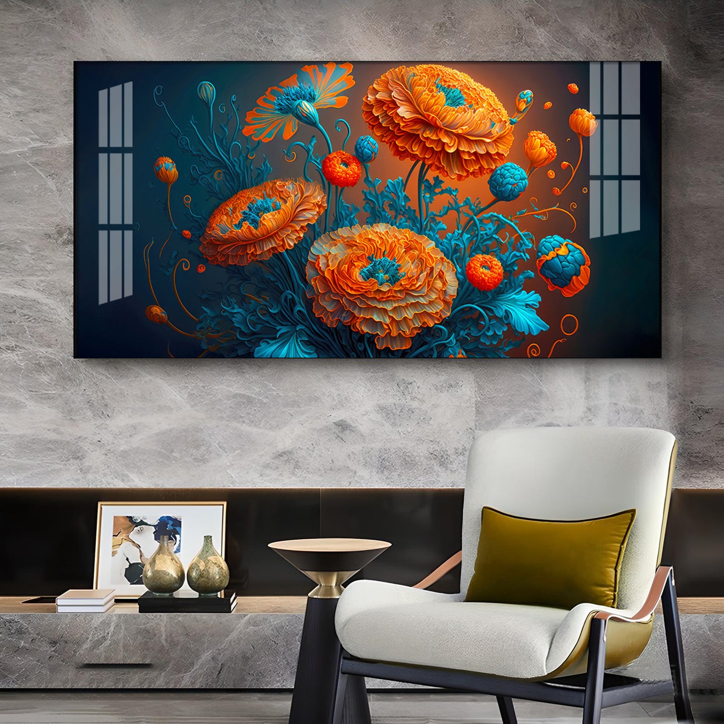 Blooming MariGold Flower Glass Finish Horizontal Wall Art