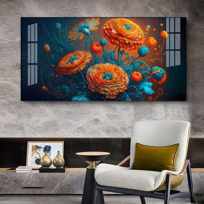 Blooming MariGold Flower Glass Finish Horizontal Wall Art