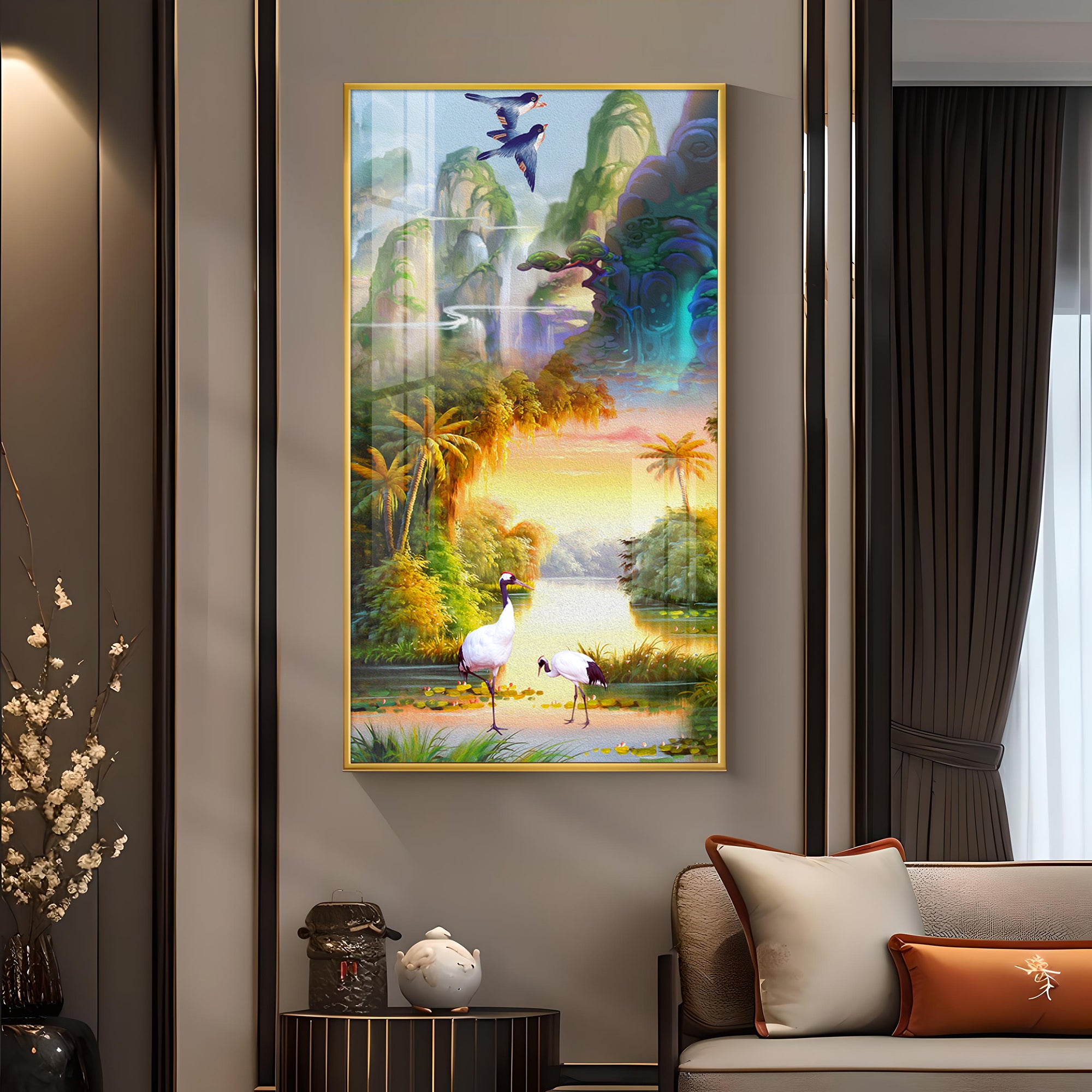 Birds in a Cascading Dream Glass Finish Vertical Wall Art