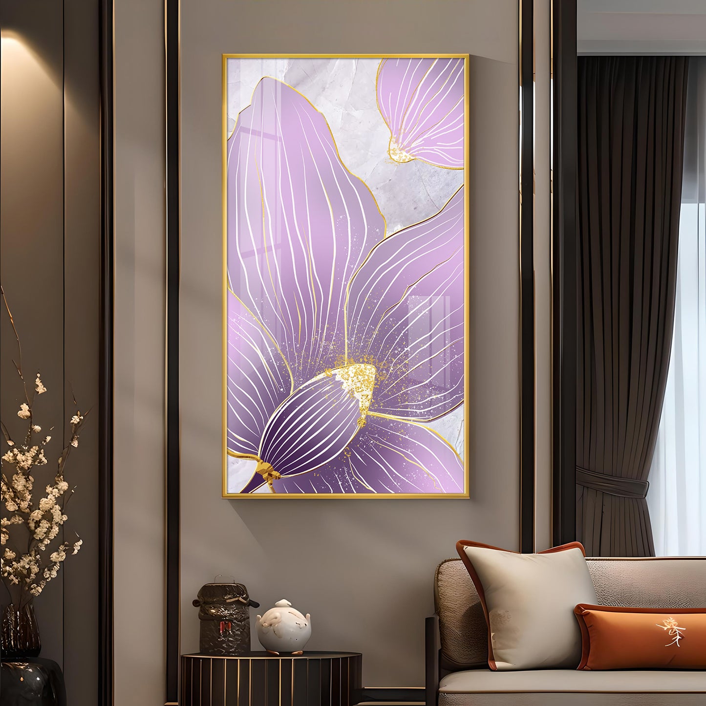 Purple Orchid Glass Finish Vertical Wall Art