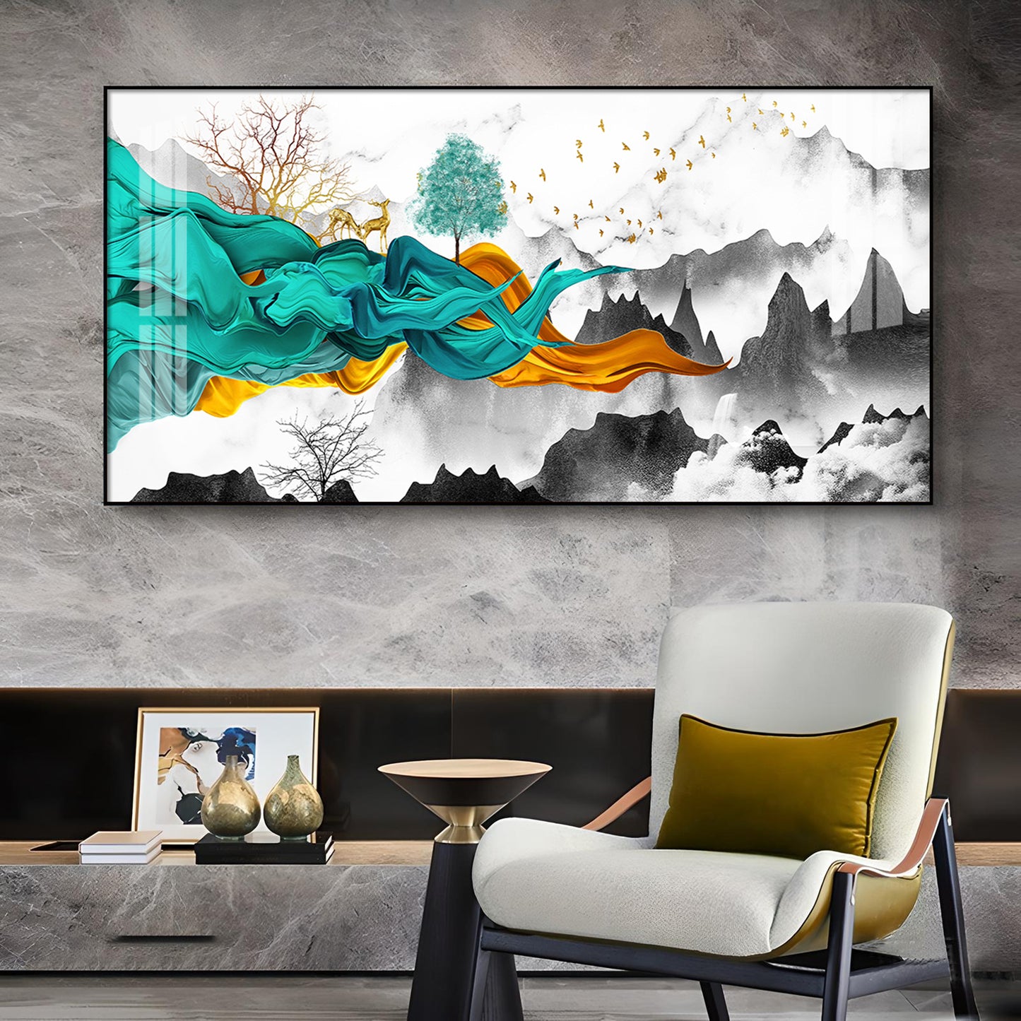 Geometric Abstract Art With Golden Texture Glass Finish Horizontal Wall Art