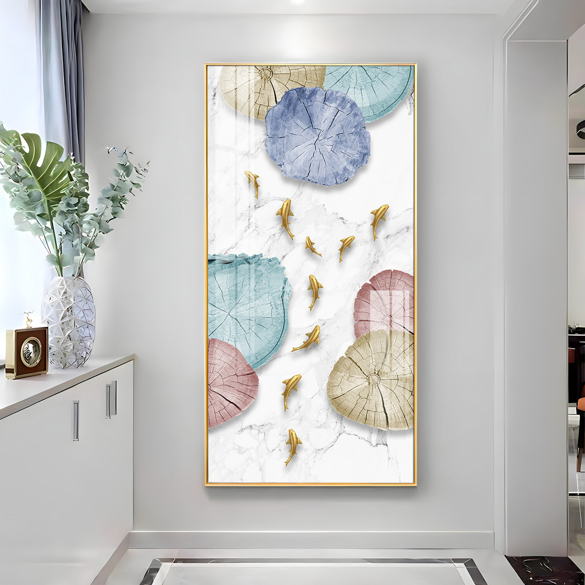 Golden Fish Umbrella Mosaic Glass Finish Vertical Wall Art
