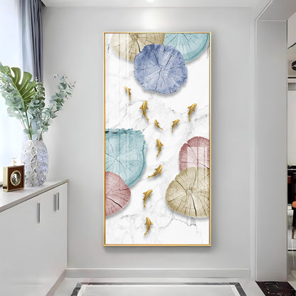 Golden Fish Umbrella Mosaic Glass Finish Vertical Wall Art