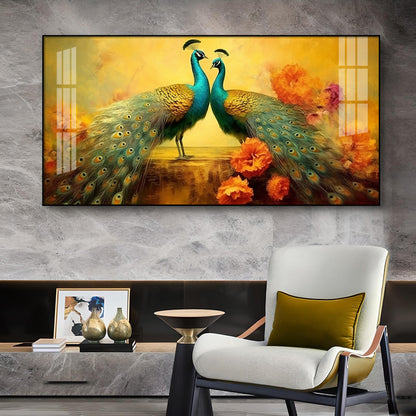 Peacocks With Flower Background Glass Finish Horizontal Wall Art