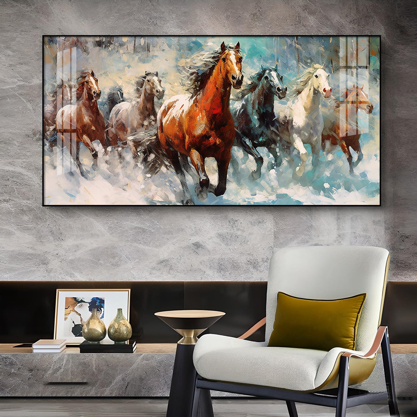 Running Horses Vastu Glass Finish Horizontal Wall Art