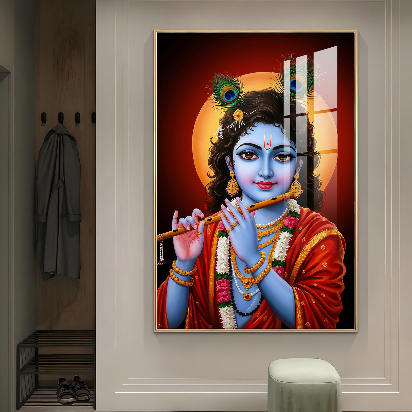 Lord Baby Krishna Glass Finish Vertical Wall Art