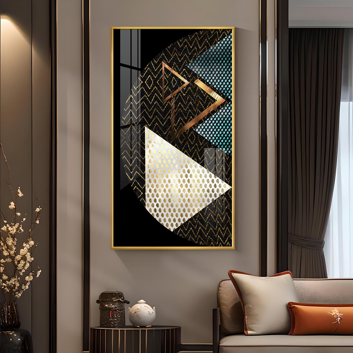 Triangular Opulence Glass Finish Vertical Wall Art