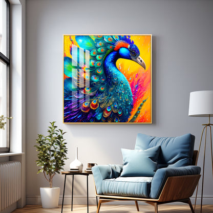 Radiant Peacock Glass Finish Square Wall Art