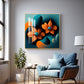 Orange and Blue Blossom Fusion Glass Finish Square Wall Art