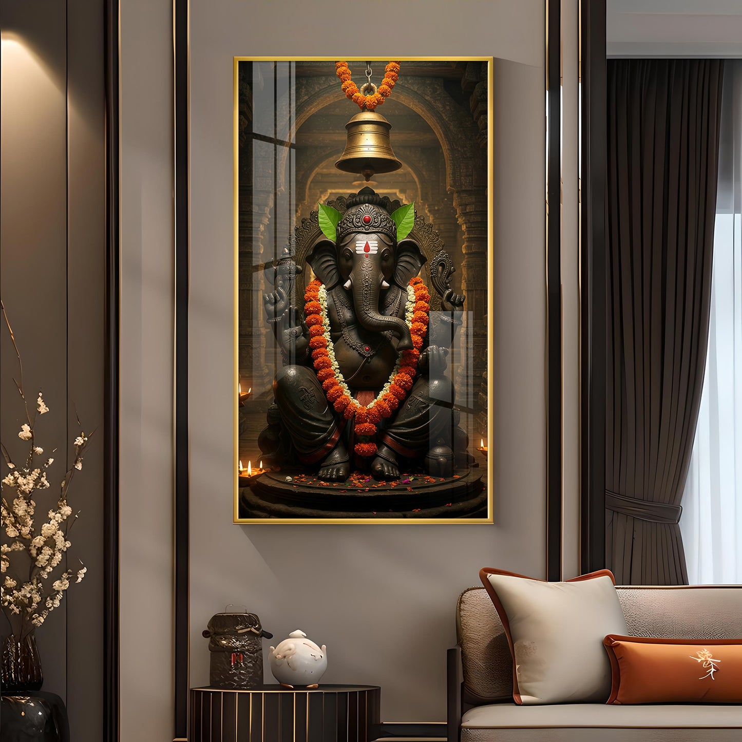 Lord Ganesh Blessing Glass Finish Vertical Wall Art