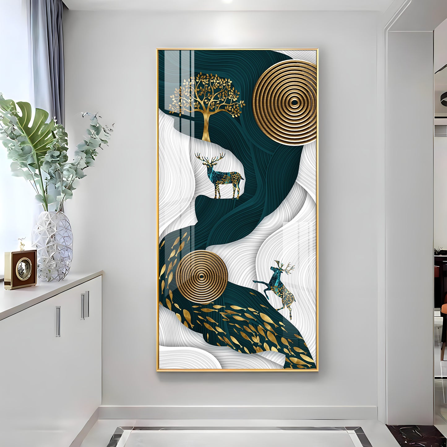 Deer and Tree Glass Finish Vertical Wall Art