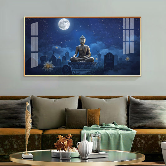 Buddha In Moonlight Glass Finish Horizontal Wall Art