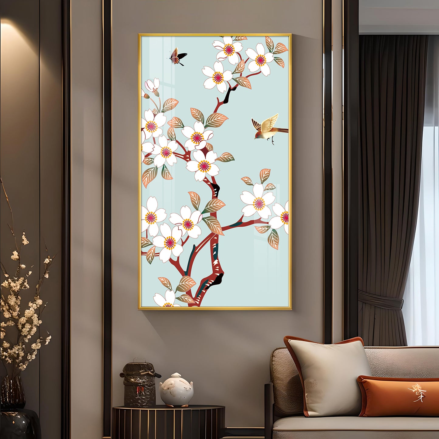 Avian Blossom Glass Finish Vertical Wall Art