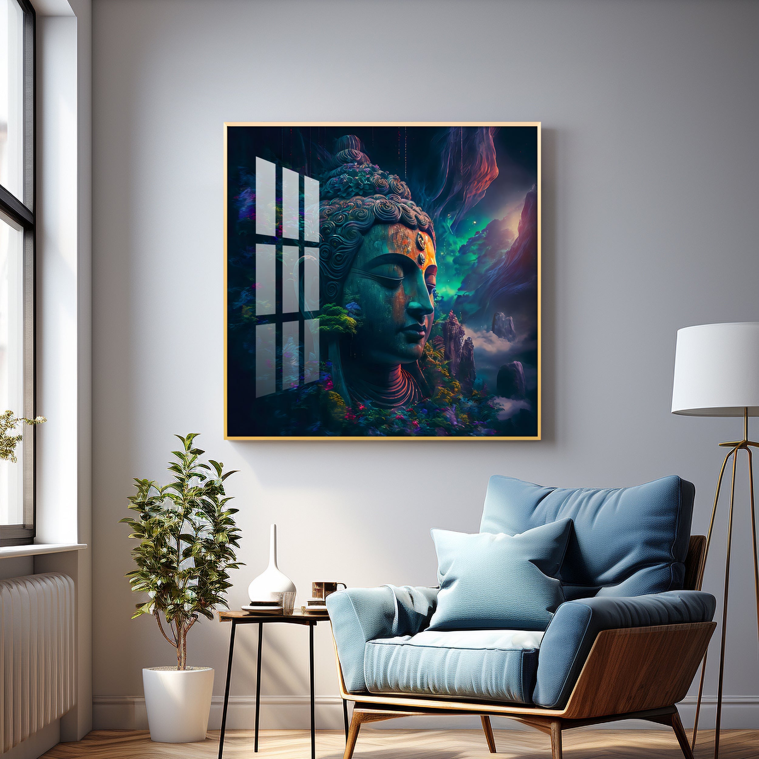 Blossom Portrait Of Buddha Glass Finish Vertical Wall Art