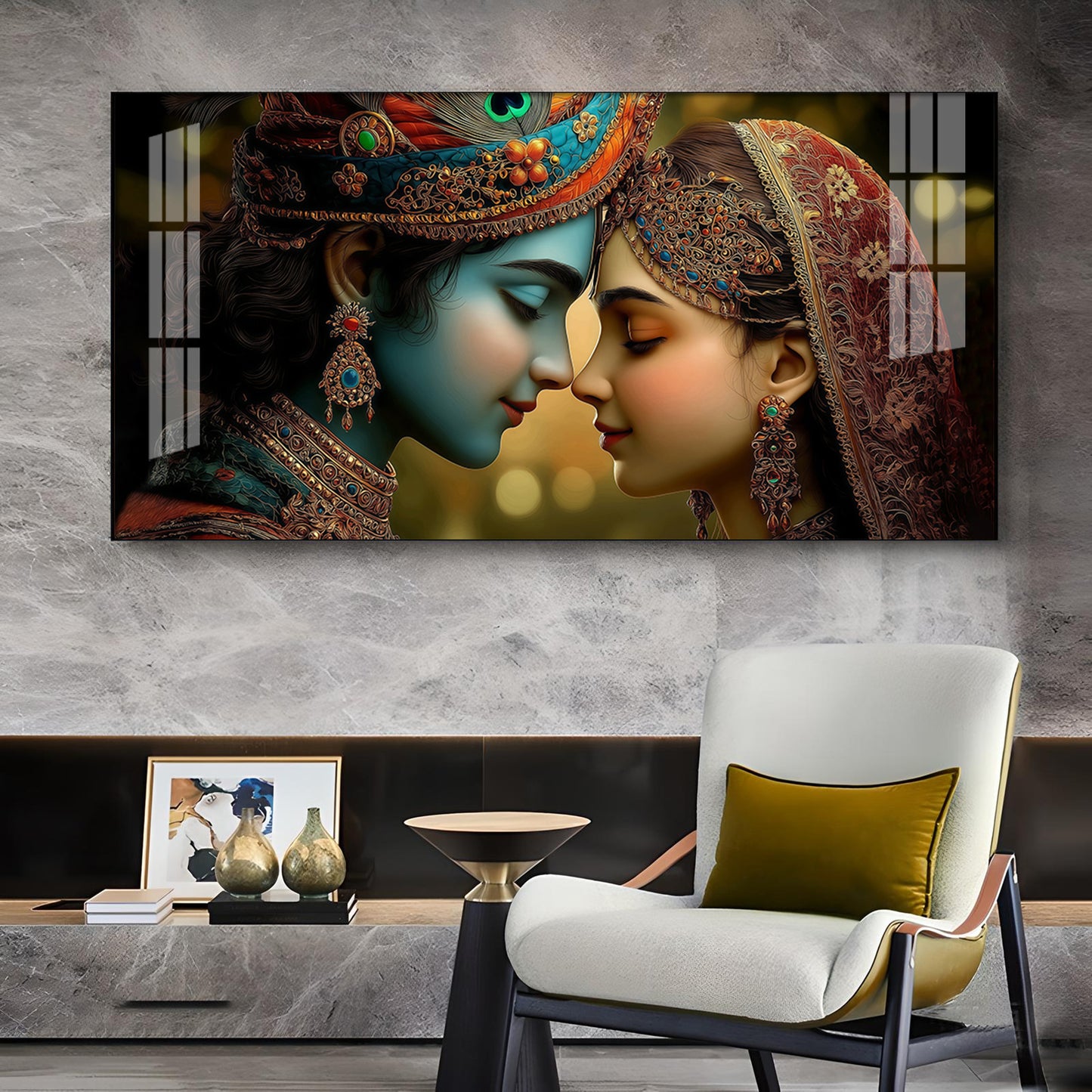 Beauty Couple Radha Krishna Glass Finish Horizontal Wall Art