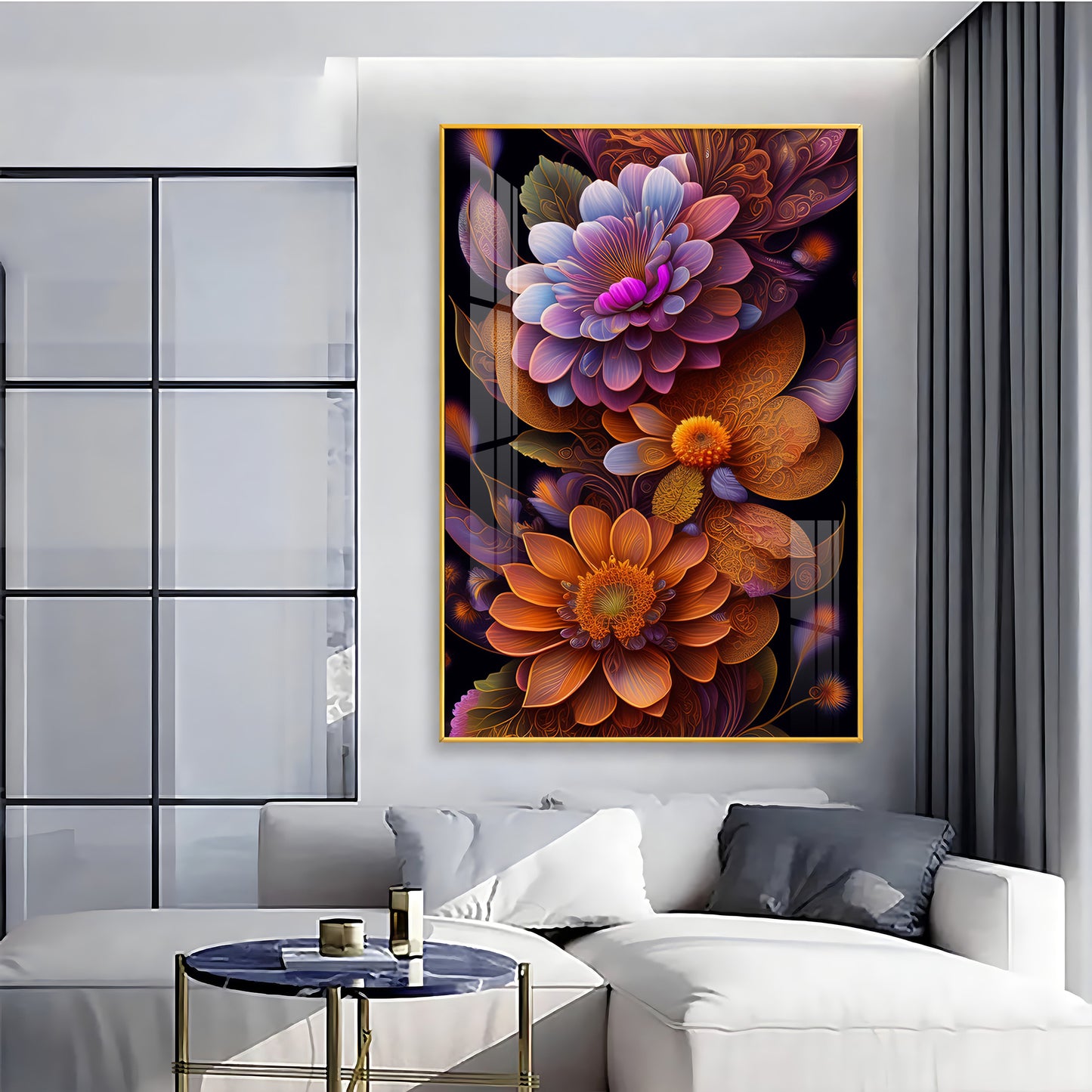 Floral Symphony Glass Finish Vertical Wall Art