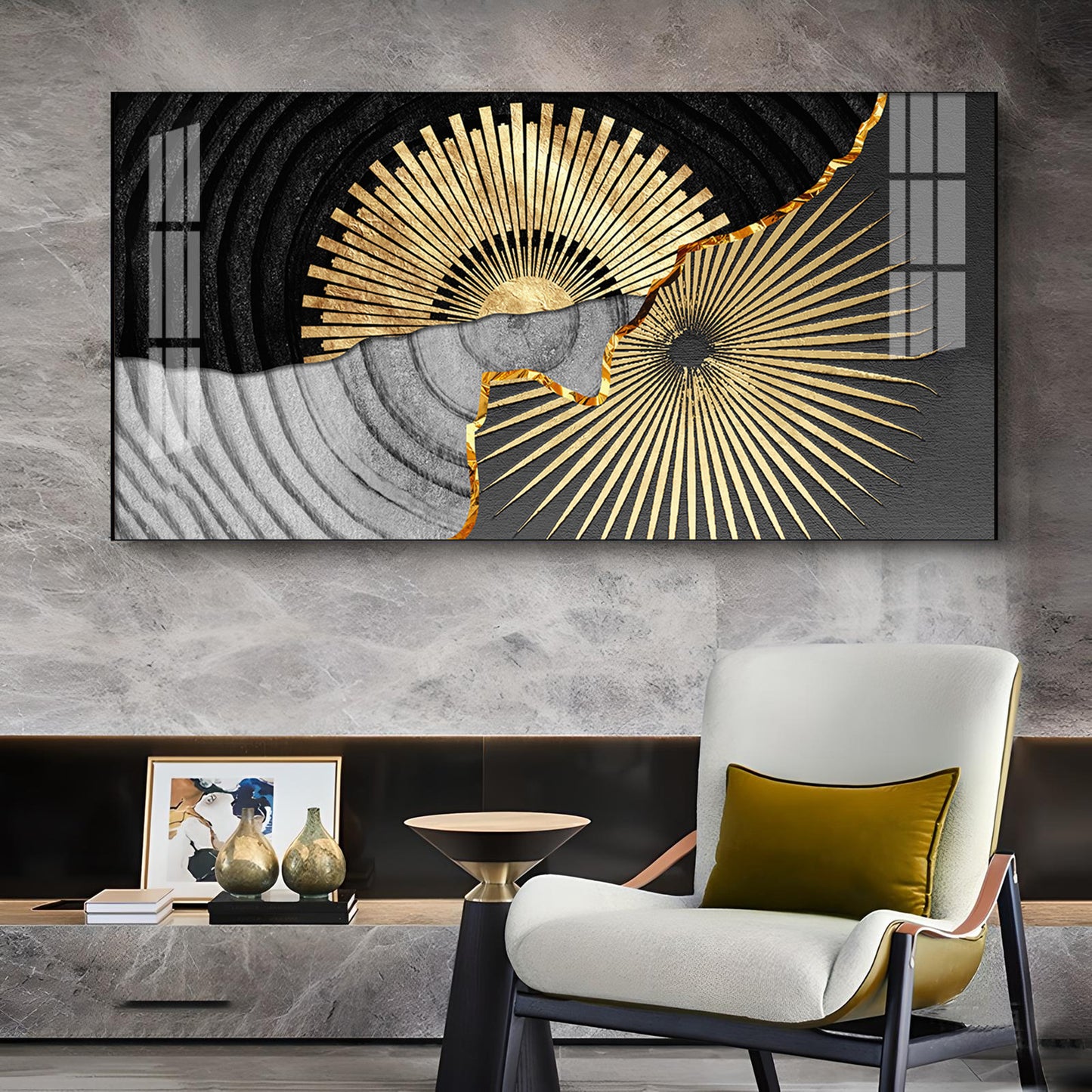 Golden Texture Fusion Glass Finish Horizontal Wall Art