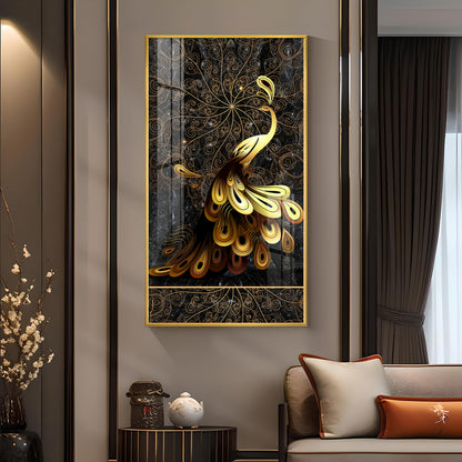 Golden Veil Peacock Glass Finish Vertical Wall Art