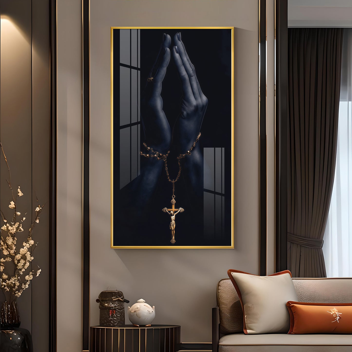 Jesus On The Cross Hand Glass Finish Vertical Wall Art