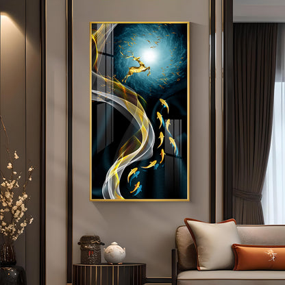 The Golden Swim Glass Finish Vertical Wall Art