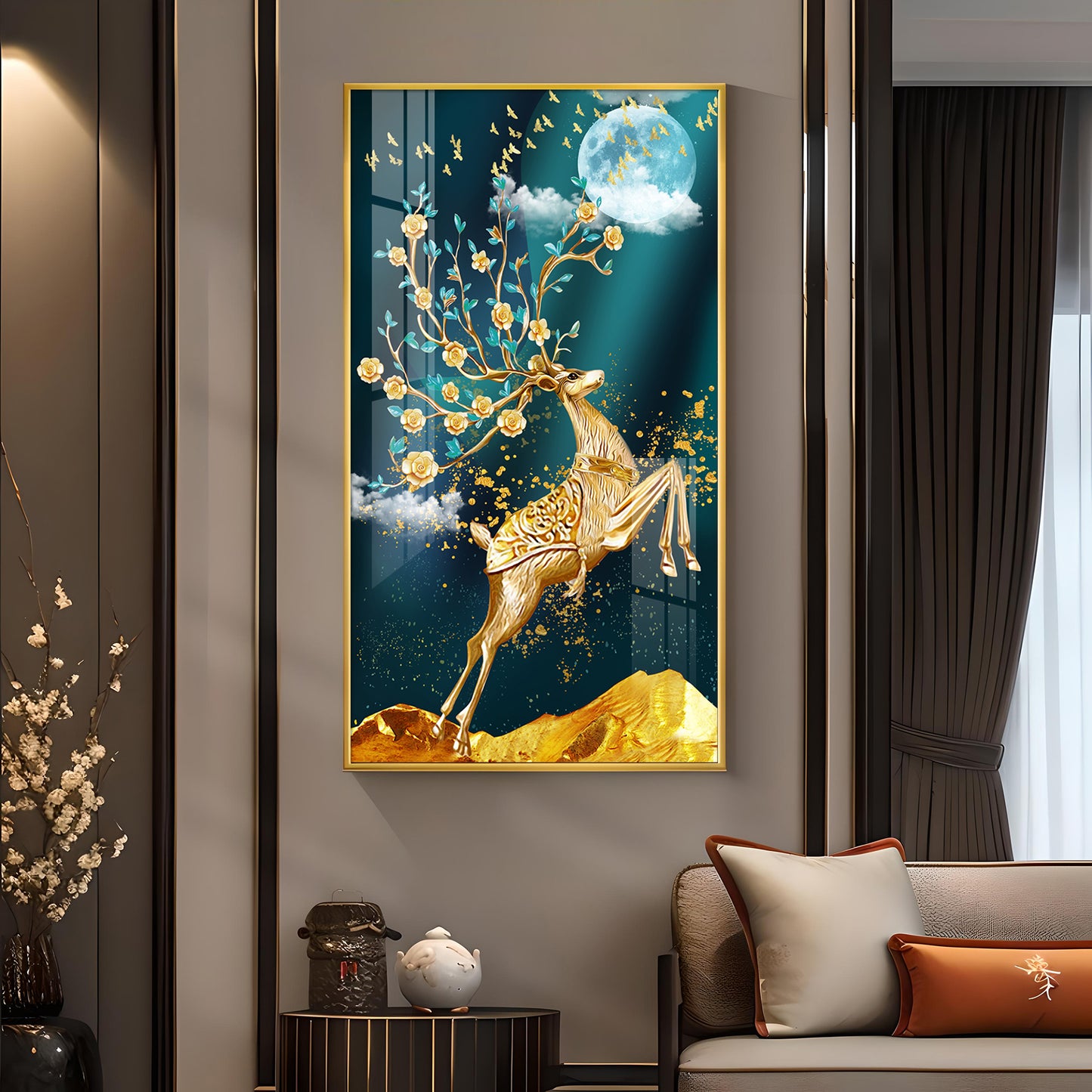 Golden Antlers and Blossoms Glass Finish Vertical Wall Art