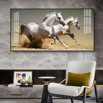 Satin Matt Running Horses Glass Finish Horizontal Wall Art