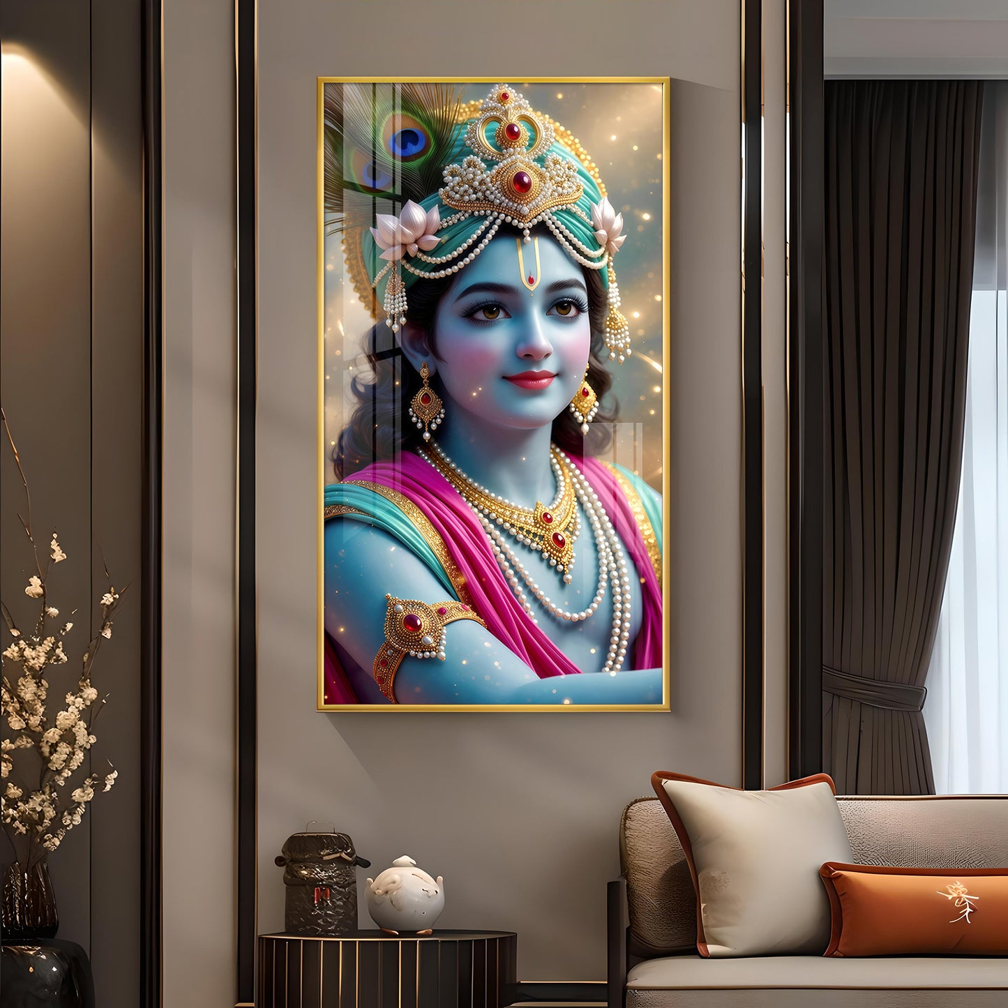 Lord Jai Shri Krishna Glass Finish Vertical Wall Art