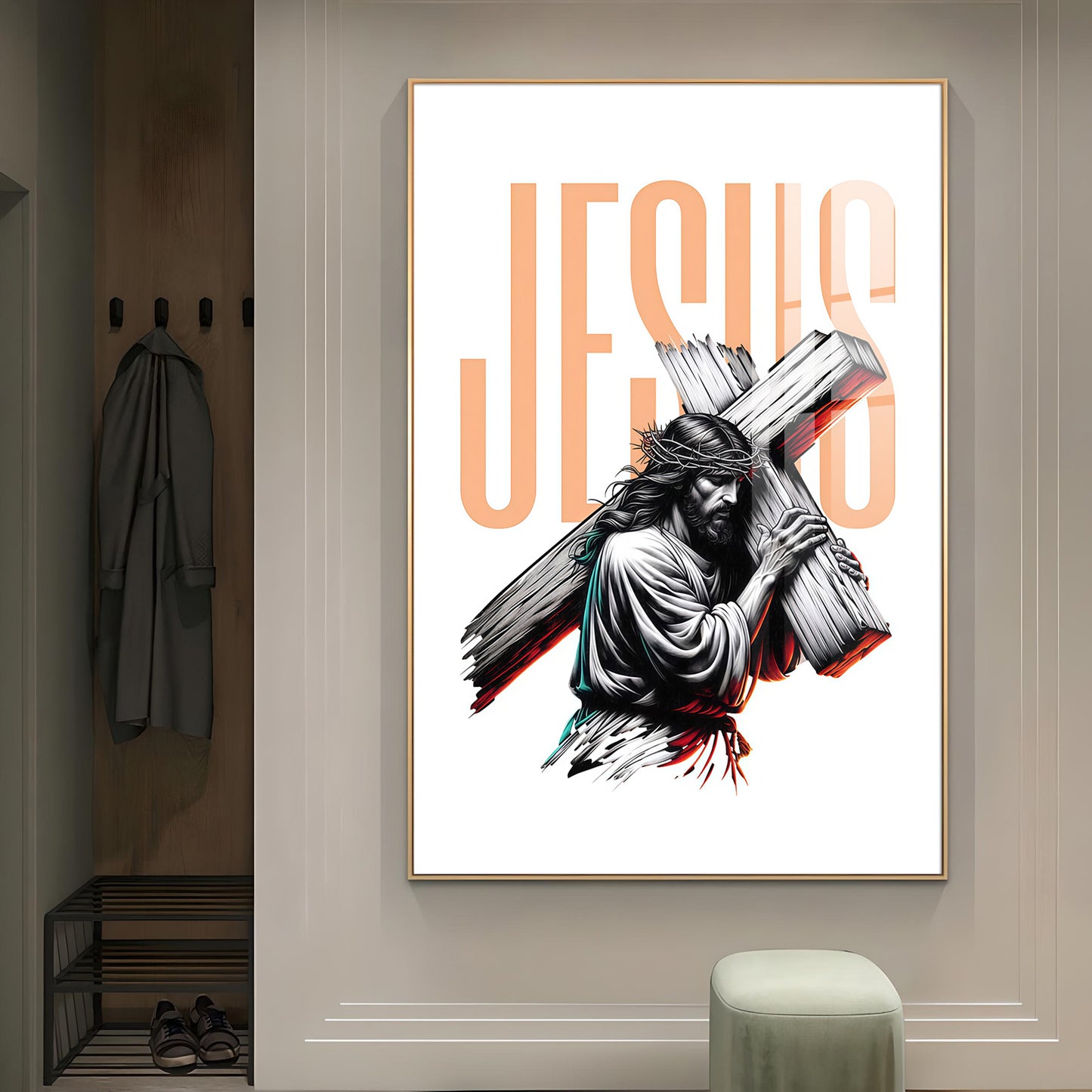 Jesus Christ with Cross Glass Finish Vertical Wall Art