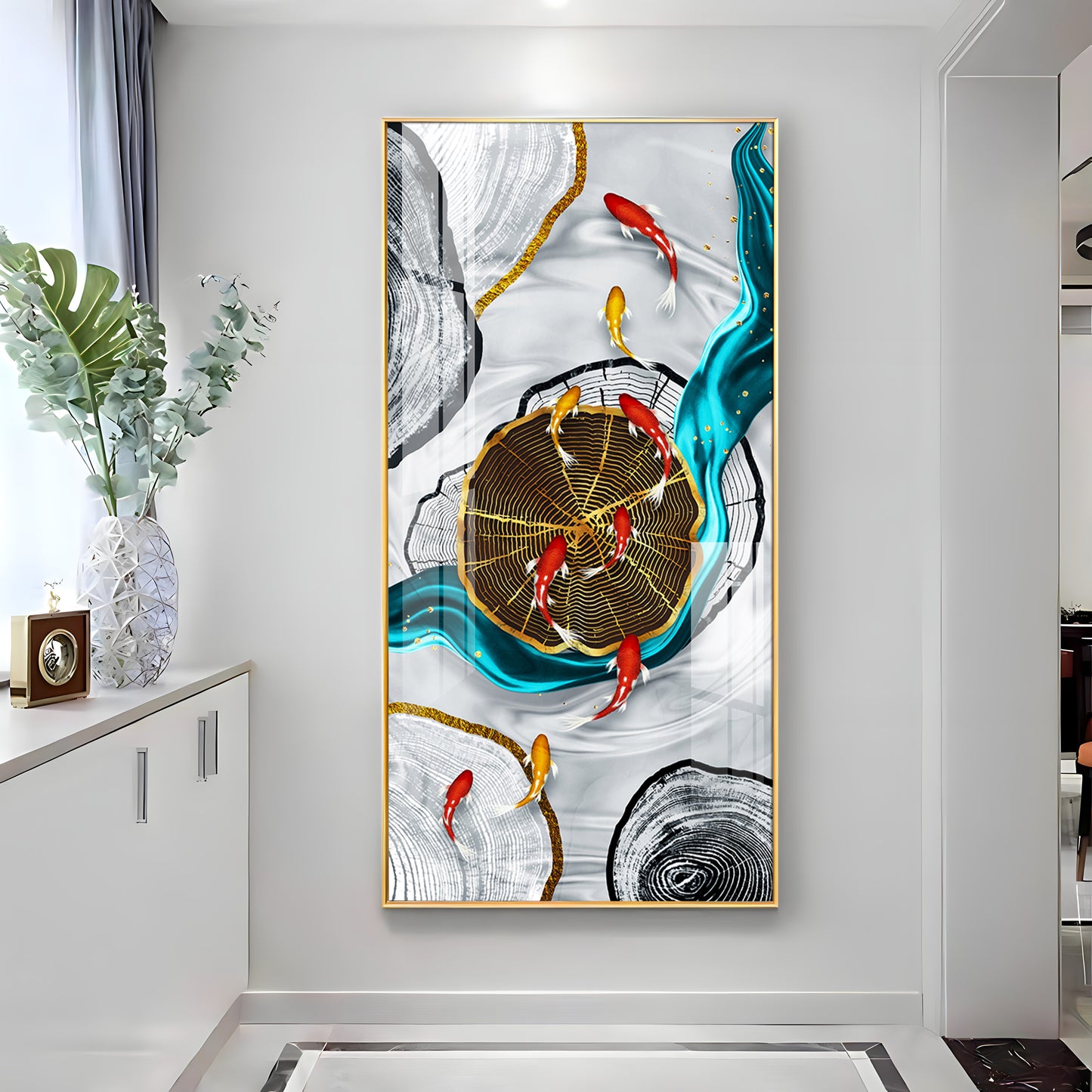 Tranquil Fish Pond Glass Finish Vertical Wall Art