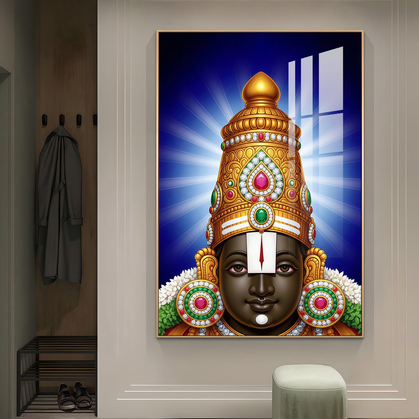 Hindu Lord Tirupati Glass Finish Vertical Wall Art