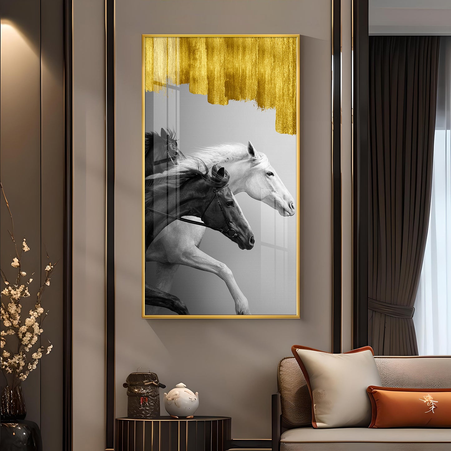 Running Stallions Glass Finish Vertical Wall Art