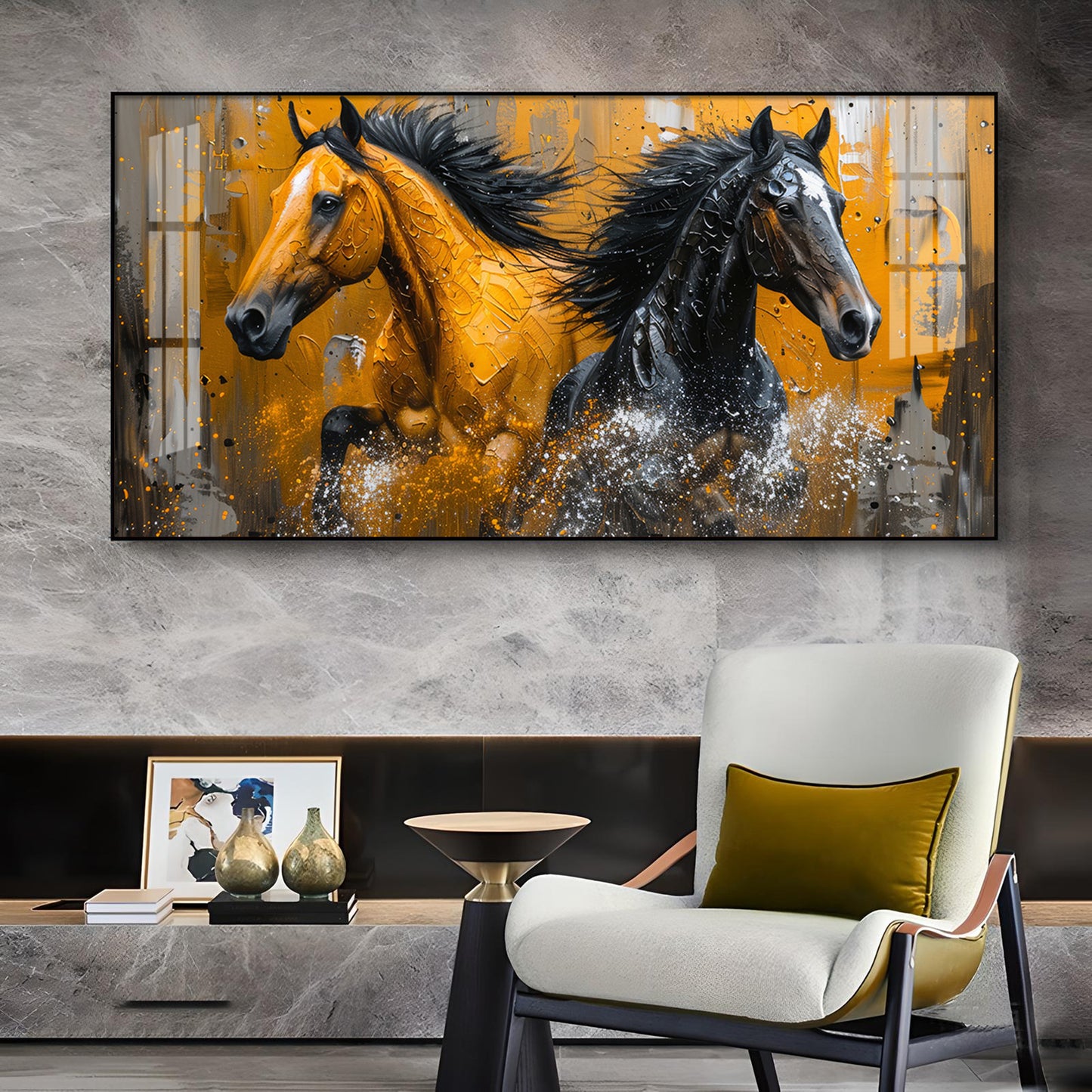 Two Horses Glass Finish Horizontal Wall Art