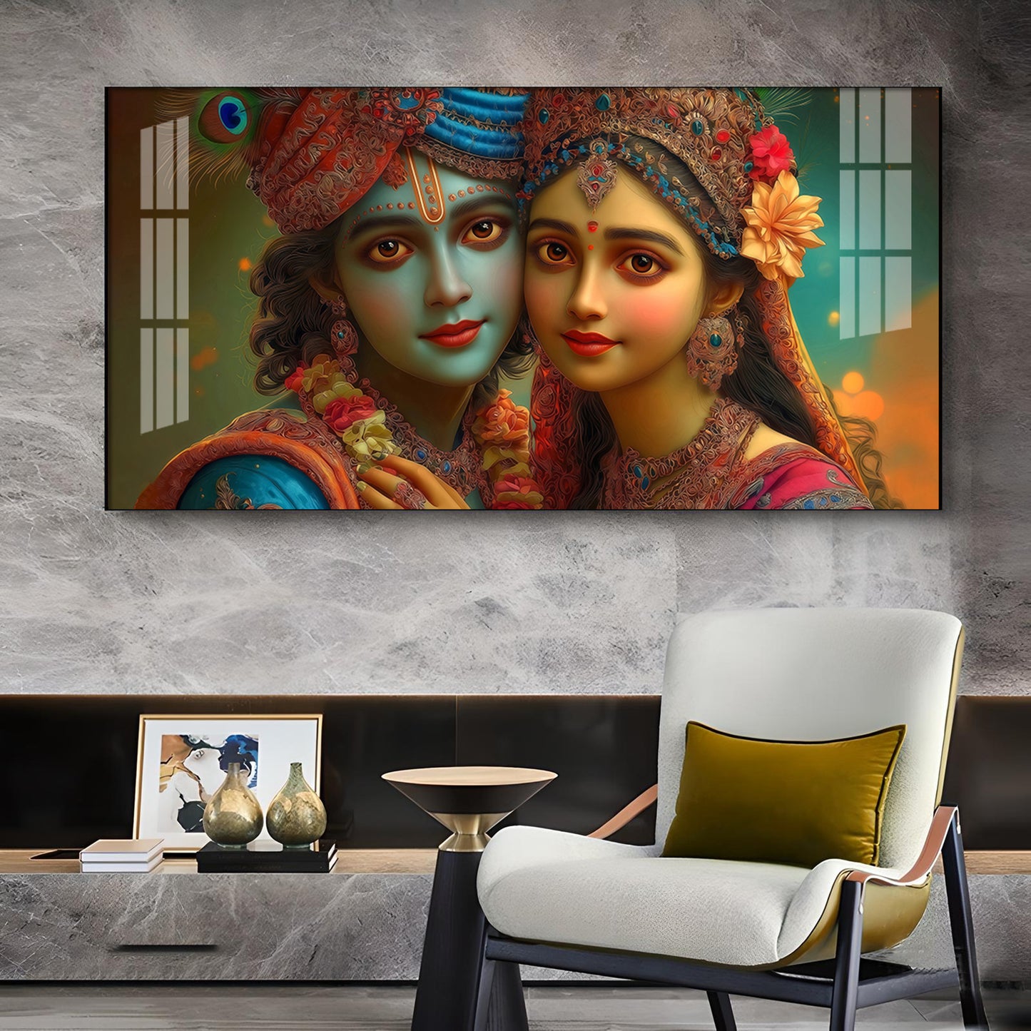 Lord Shri Radha And Krishna Loving Glass Finish Horizontal Wall Art