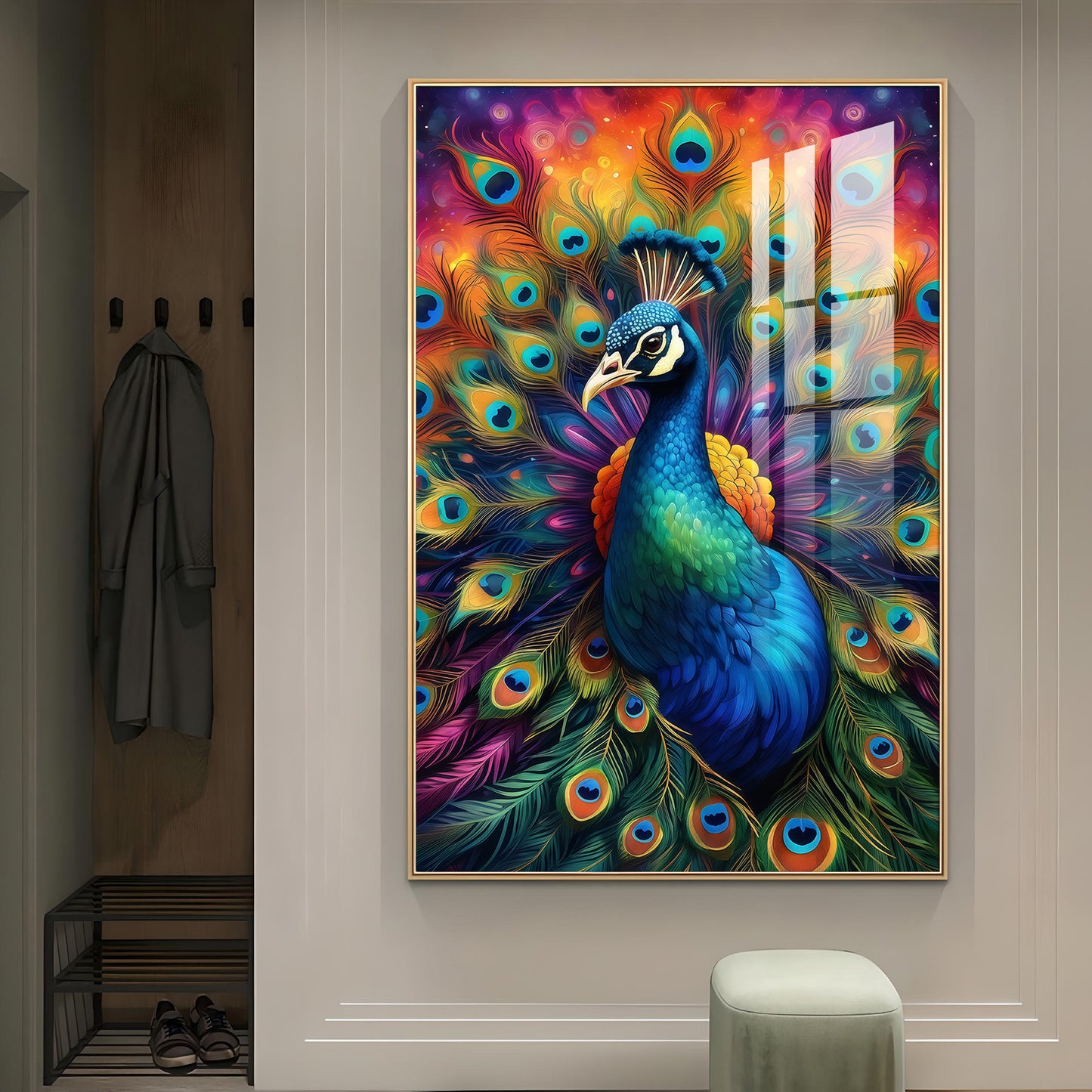 Beautiful Peacock Glass Finish Vertical Wall Art