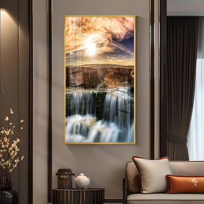 Dusk Over the Falls Glass Finish Vertical Wall Art