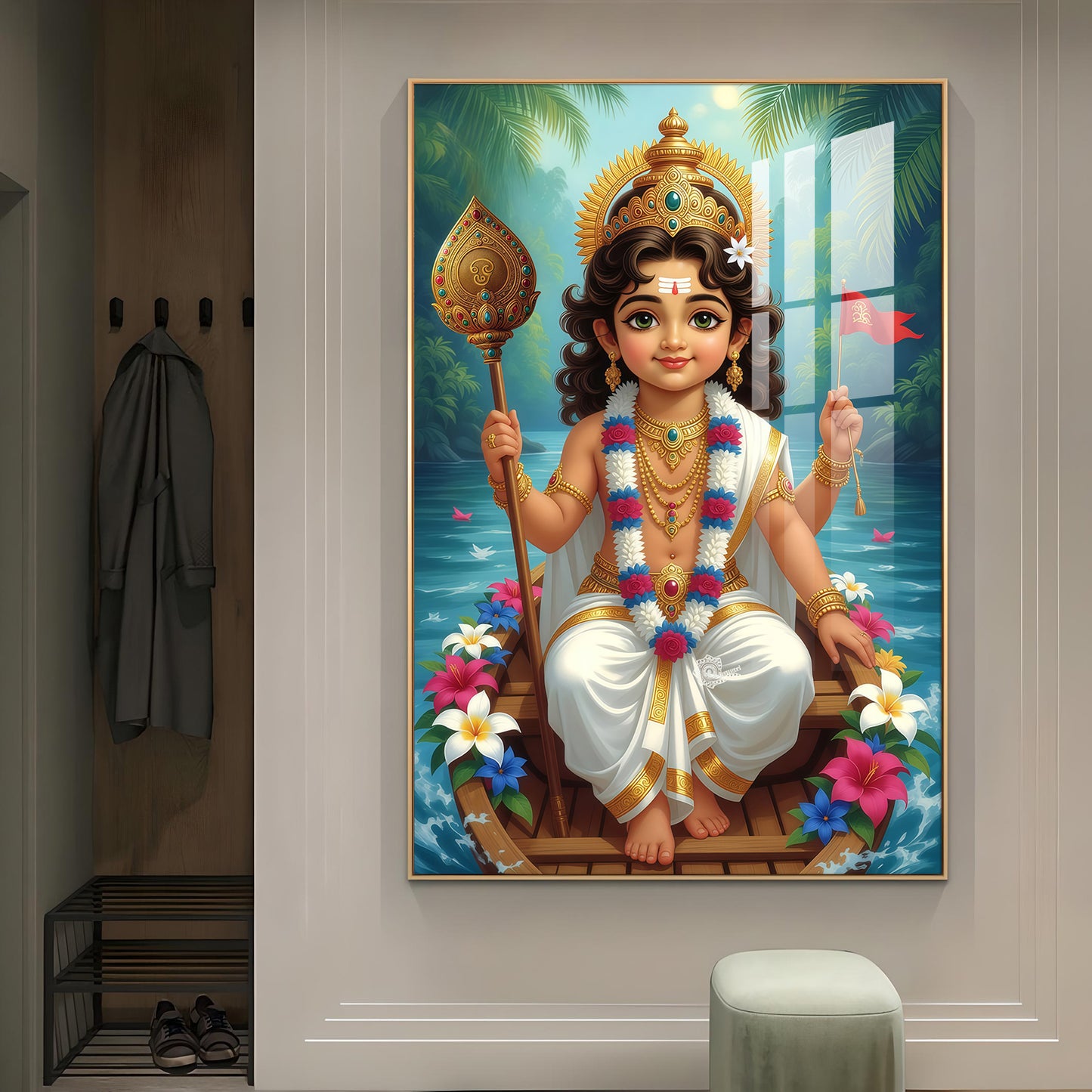 Hindu Lord Kartikeya Ji Glass Finish Vertical Wall Art