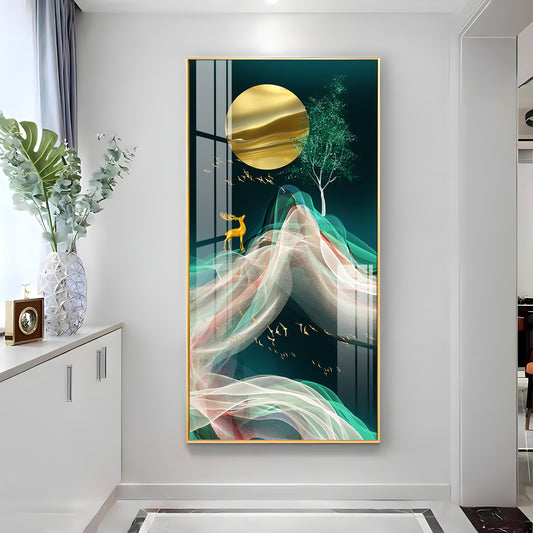 Deer with Golden Moon Glass Finish Vertical Wall Art