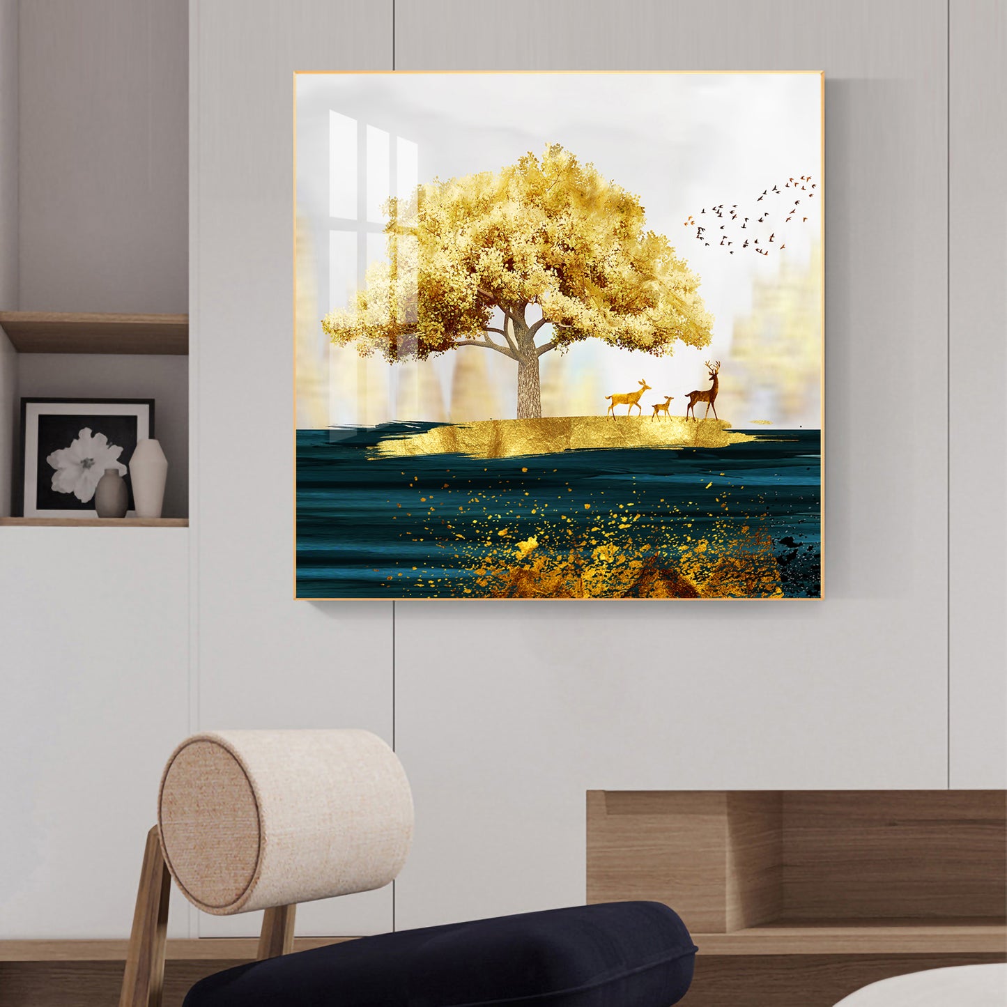 Golden Tree and Deer Glass Finish Square Wall Art