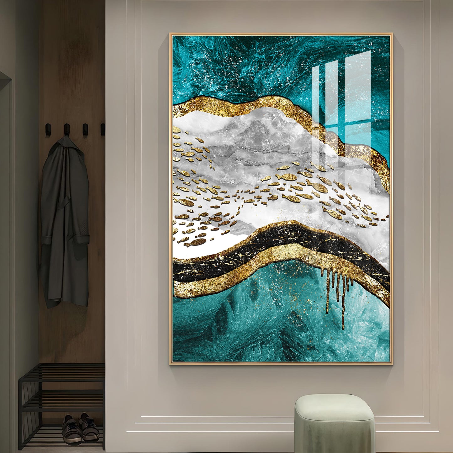 Aqua Gold Cascade Glass Finish Vertical Wall Art