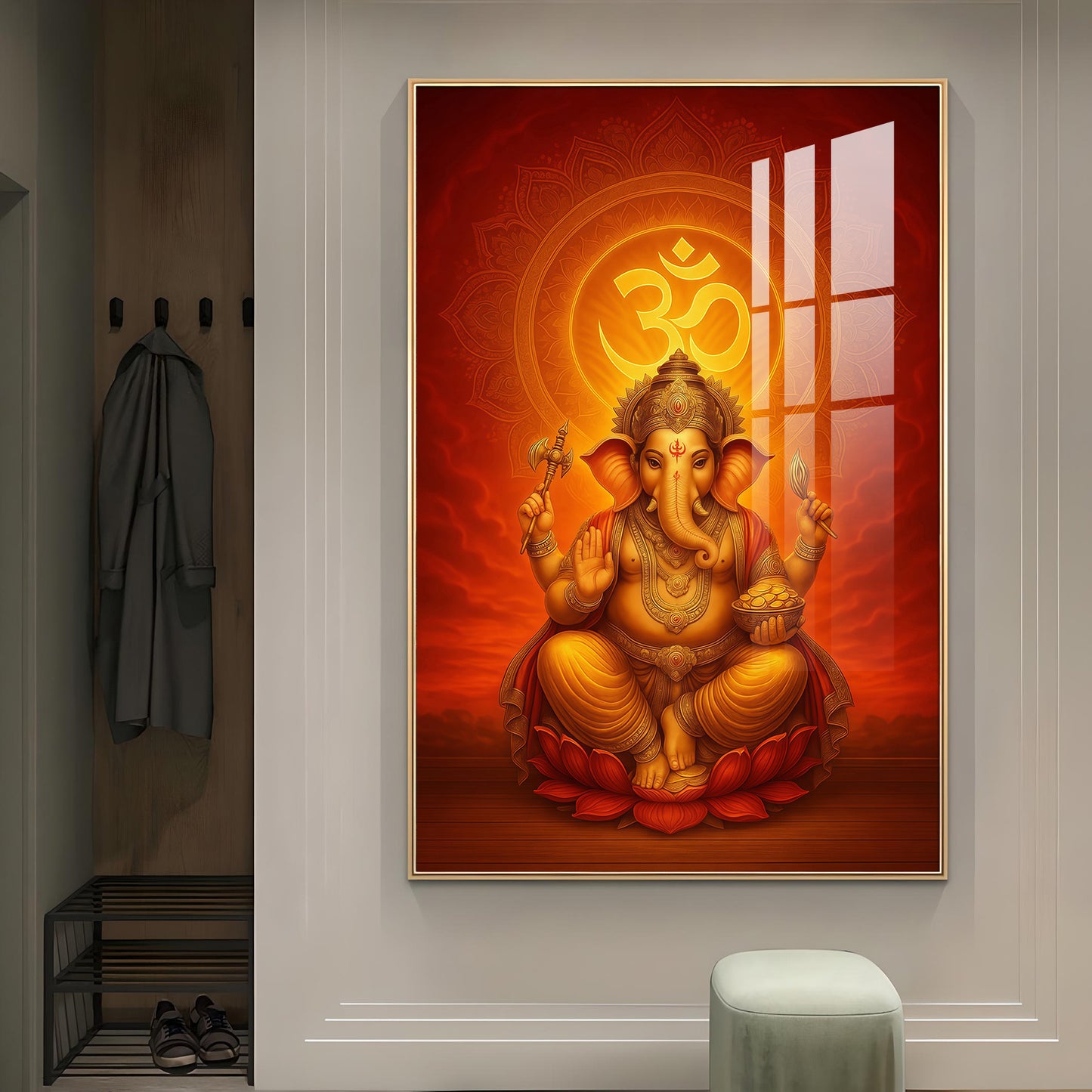 Hindu Lord Ganesh Ji Glass Finish Vertical Wall Art