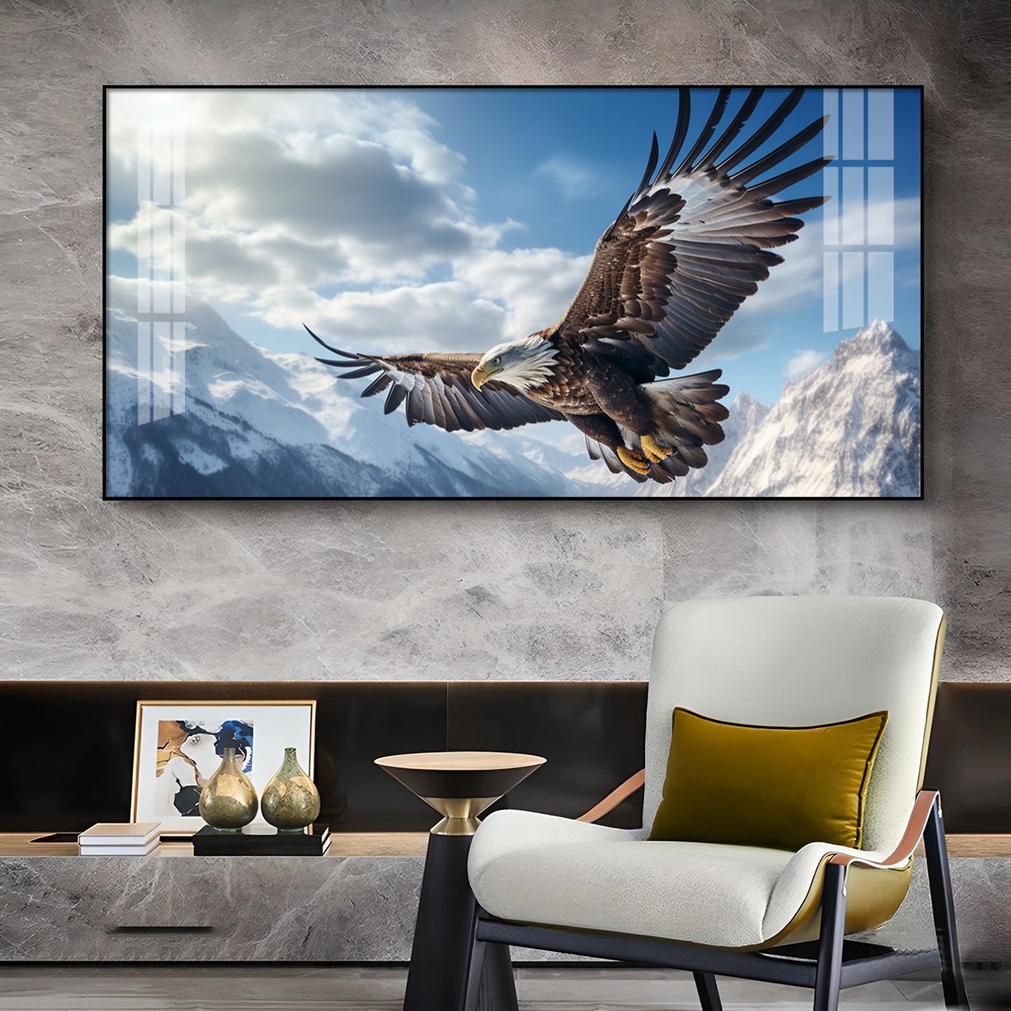 Eagle Flying Over Mountains Glass Finish Horizontal Wall Art