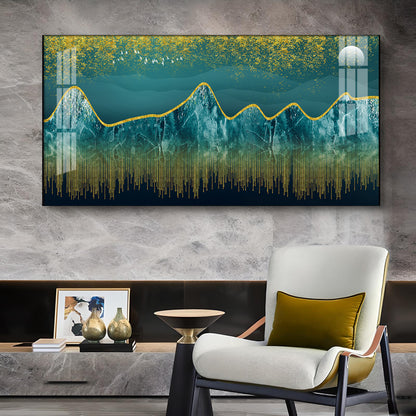 Dark Turquoise Mountains Glass Finish Horizontal Wall Art