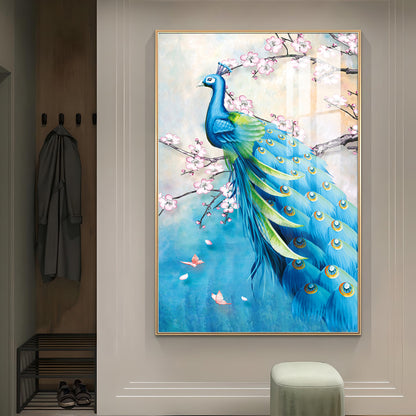 Peacock In Bloom Glass Finish Vertical Wall Art