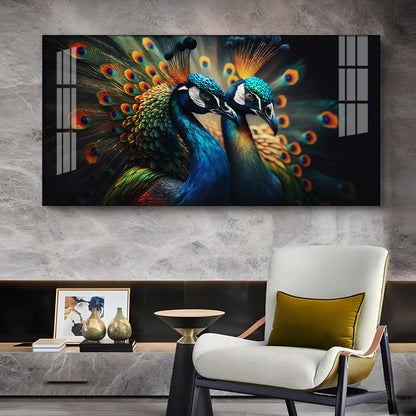 Peacock Duo Glass Finish Horizontal Wall Art