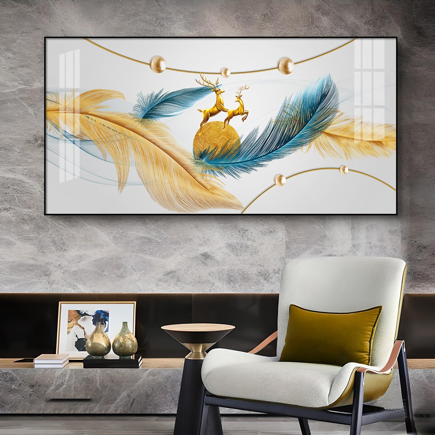 Golden Blue Feathers Glass Finish Horizontal Wall Art