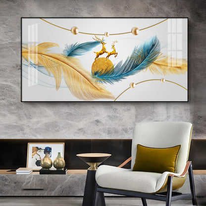 Golden Blue Feathers Glass Finish Horizontal Wall Art