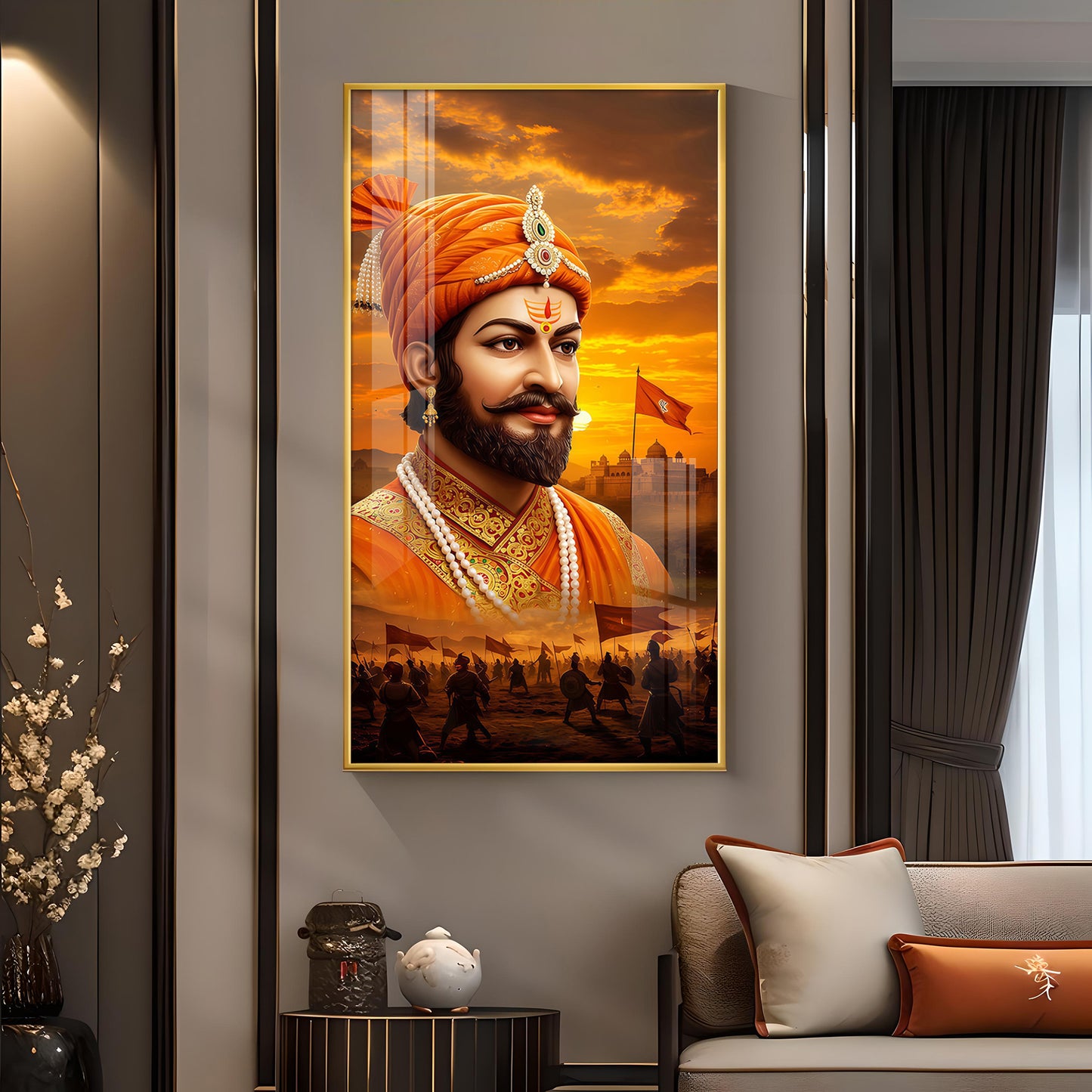 Shivaji Maharaj Glass Finish Vertical Wall Art