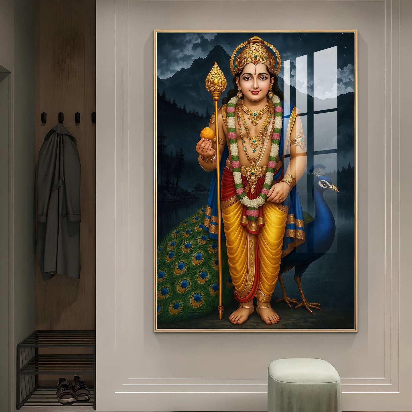 Lord Kartikeya Glass Finish Vertical Wall Art